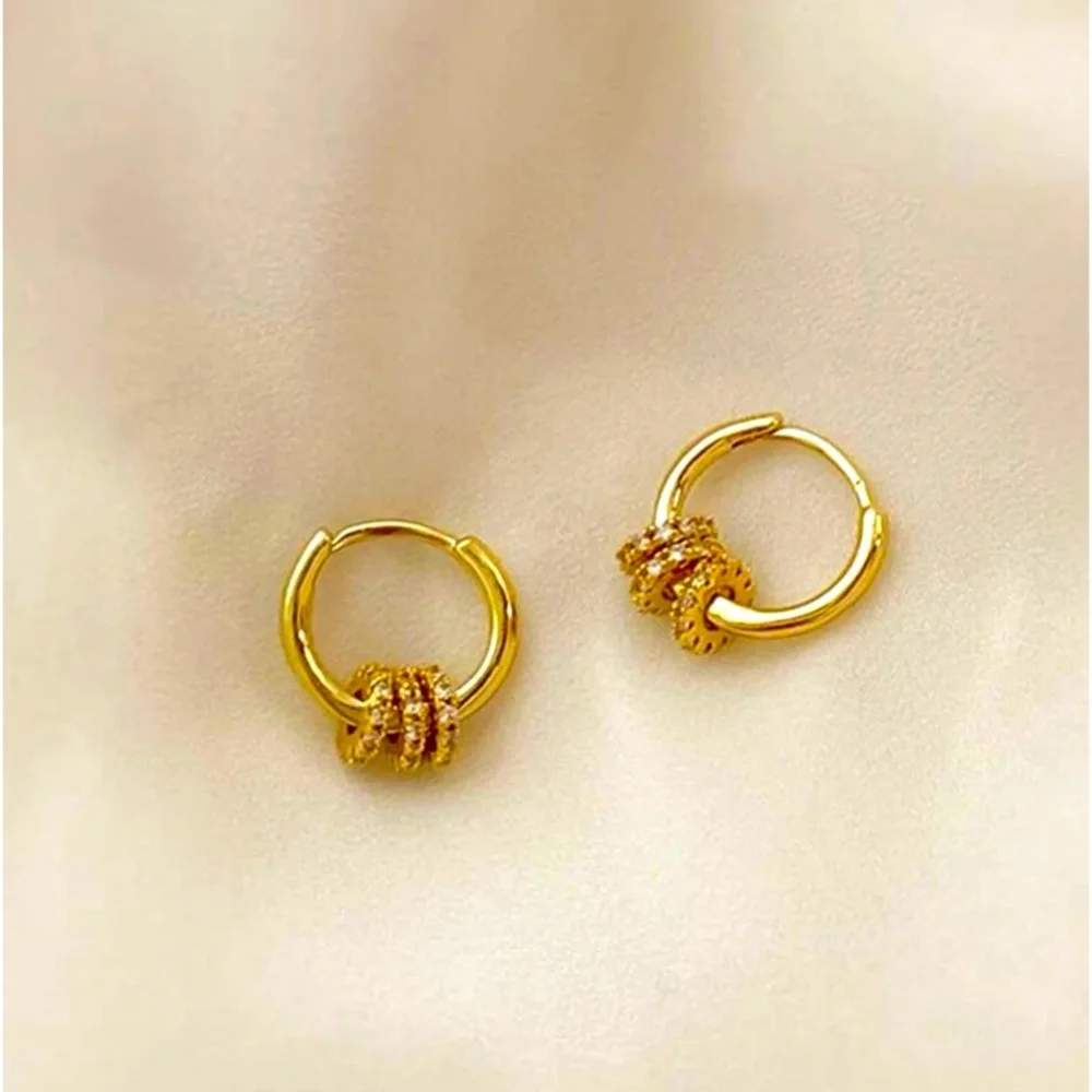 Ultra Delicate Tiny Gold & Rhinestone Detail Huggie Hoops - Picture 5 of 6